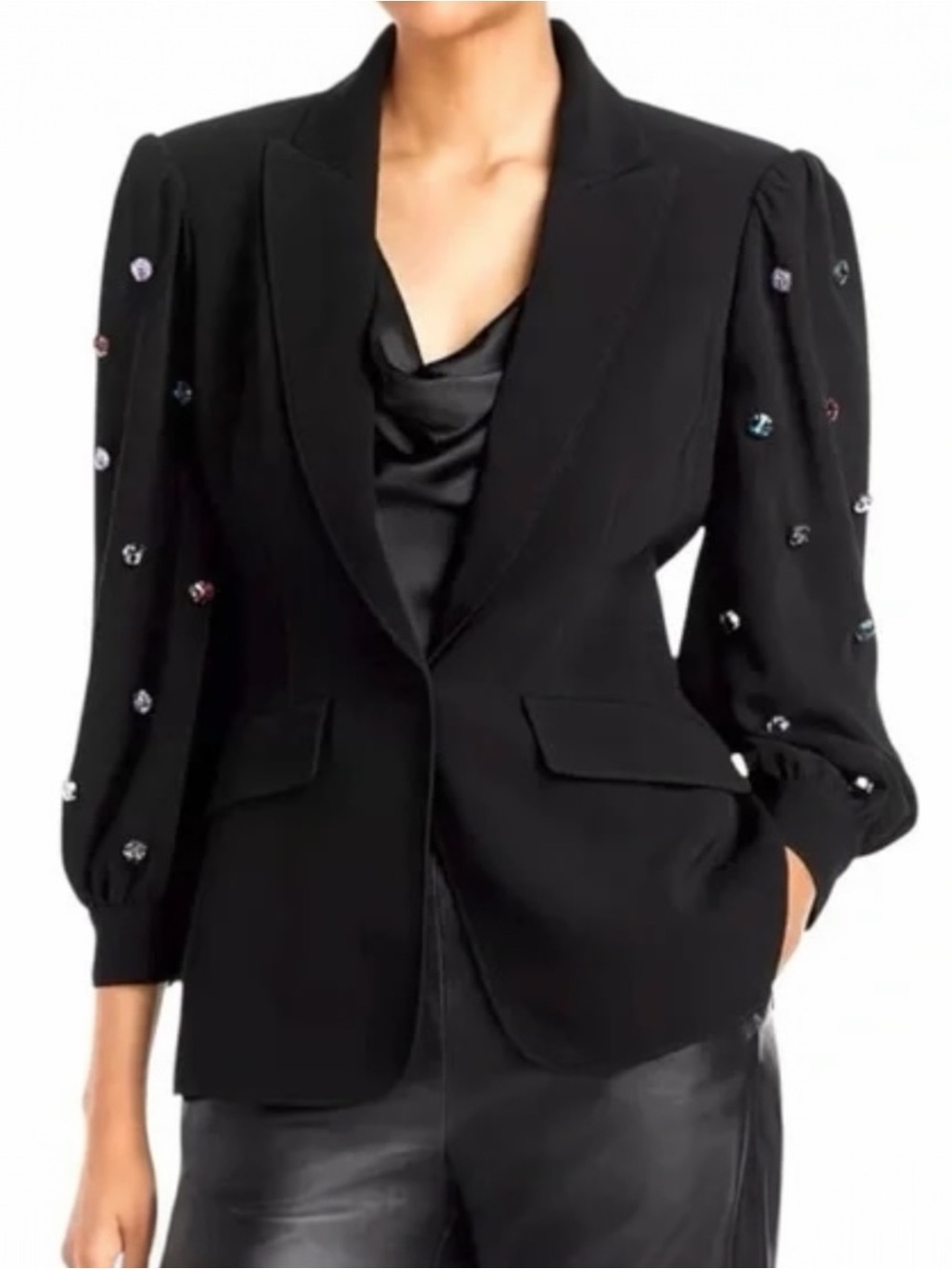 𝅺Cinq a Sept Amie Bejeweled Rhinestone 3/4” Puff Sleeve Tailored Fitted Blazer